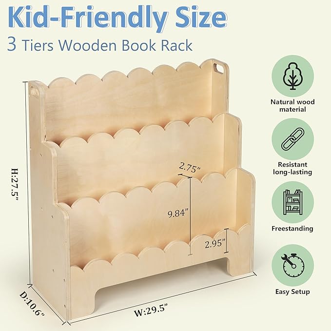 Kids Bookshelf Wooden 3-Tier, Scalloped Book Shelf for Kids Rooms, Front Facing Toddler Montessori Bookshelf, Baby Nursery Book Shelves Kids Classroom Bookshelf Bookcase