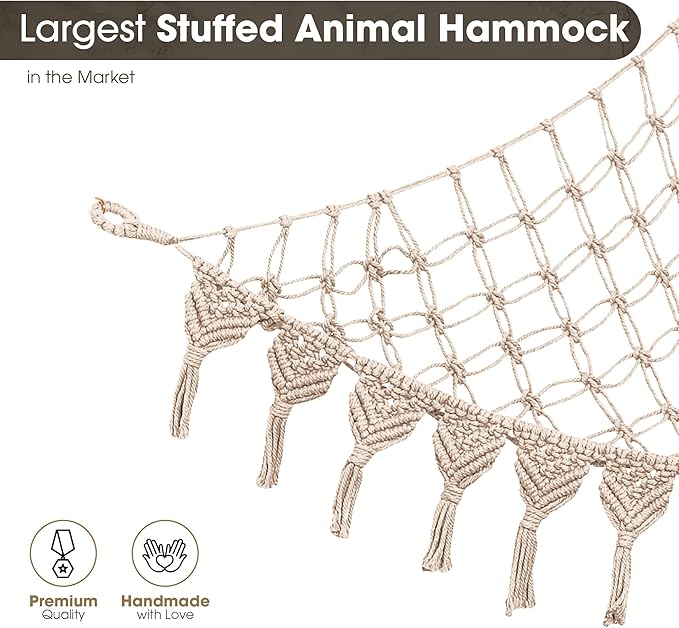 Extra Large Stuffed Animal Storage Hammock Corner with LED Lights – 25LB Capacity Hanging Toy Net for Small or Large Plushies, Boho Macrame Squishmallow, Plush Net, Gray