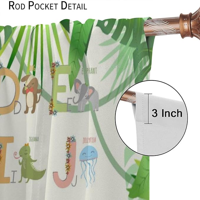 Kids Animal Alphabet Curtain Tropical Plant Alphabet Educational Printed Rod Pocket Window Drapes for Bedroom Living Room Nursery School Decor 42" W X 45" L