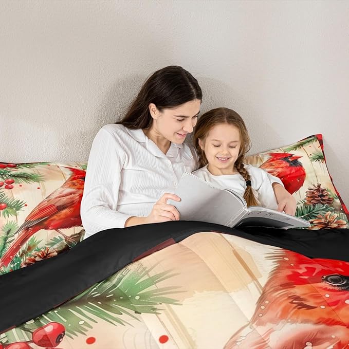 jejeloiu Kids Red Cardinal Comforter Set Twin Size Christmas Red Black Plaid Bedding Set for Boys Girls Teens Xmas Birds Winter Rustic Wood Plank Animal Duvet Quilt Room Decor