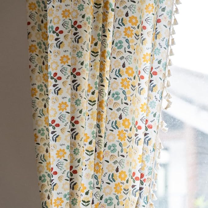Floral Curtains 63 Inch Length 2 Panels Tassel Boho Semi-Sheer Drapes Bedroom Living Room Farmhouse Short Rustic Country Yellow Green Flower Rod Pocket Cotton Linen Blend Window Curtain Panel