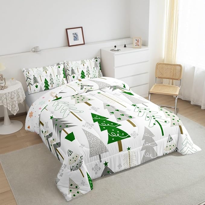 Xmas Trees Comforter Set Toddler Size,Merry Christmas Pine Botanical Boho Hand Drawn Bedding Set for Boys Teens Bedroom,Green Gray Plant Snowflakes Winter Quilted Set with 1 Pillowcase, White