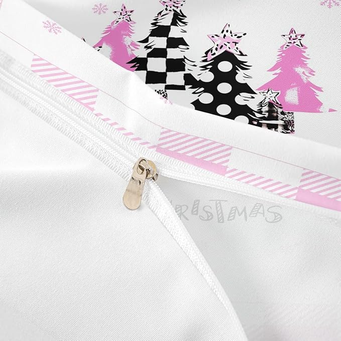 Manfei Xmas Trees Duvet Cover Set King Size, Pink Plaid Grid Snowflake Comforter Cover with 2 Pillowcases, Christmas Theme Bedding Set for Kids Girls Room Decor New Year Bedspread Cover, No Comforter