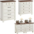 Farmhouse Bedroom Dresser and Nightstand Set of 4, 6 Drawer Tall & 5 Drawers Dresser & 3 Drawer Nightstand Set with Wooden Legs, Rustic Wood Furniture for Bedroom, Hallway, White