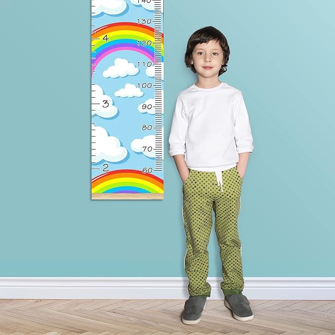 Kids Growth Chart Ruler for Wall Wood Frame Height Measure Chart 13.4x56 in Linen Hanging Height Growth Chart Rainbow Clouds Kids Room Decor