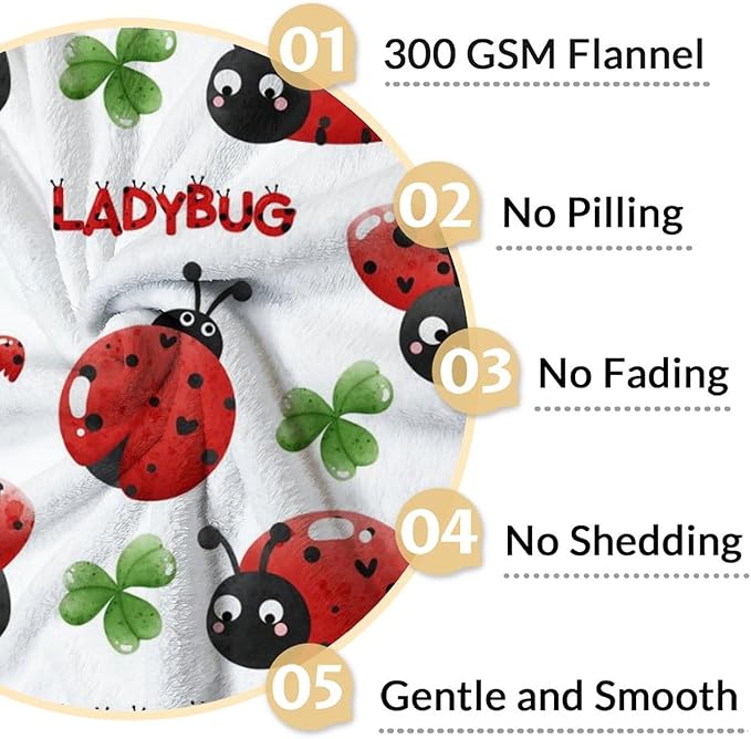 Ladybug Throw Blanket - 50 x 60 Inches Cute Girls Gifts for Lady Bug Lovers - White Fuzzy Soft Decor for Sofa, Trip