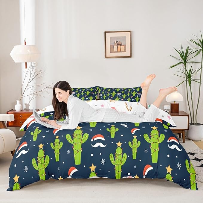 Feelyou Christmas Duvet Cover Boys Cartoon Cactus Xmas Theme Bedding Set for Kids Teens Ultra Soft Snowflake Comforter Cover Set New Year Bedspread Cover Room Decor King Size Bedclothes Zipper