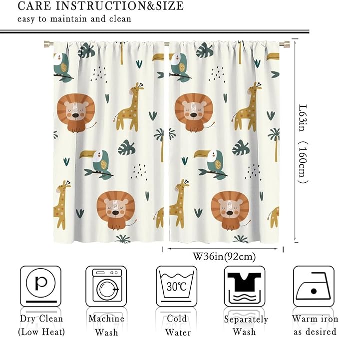 Cute Lion Window Curtains for Kids Bedroom,Cartoon Woodland Jungle Forest Wildlife Little Lion Giraffe Owl Palm Tree Printed Pattern Blackout Drapes for Living Room Baby Nursery Room 72x63in