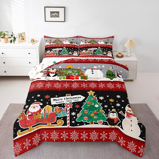 Erosebridal Christmas Tree Decor Quilts Cartoon Snowman Comforter Set for Teens Kids Boys Xmas Deer Elk Santa Claus Bedding Set for New Year Snowflake Red and Black Duvet Insert Full Size