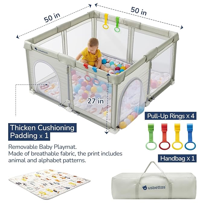 Foldable Baby Playpen with Mat, Foldable Playpen for Babies and Toddlers,Kids Portable Travel Play Pen, Collapsible Play Yard with 4 Handles,Indoor & Outdoor Baby Play Area with Breathable Mesh