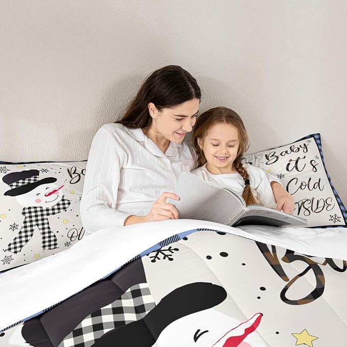 Christmas Snowman Kids Comforter Set Twin Size,Snowflake Christmas Holiday Bedding Set,Girls Boys Adults Xmas Decor,Geometric Grids Lattices Down Comforter,Blue Rustic Duvet Insert,1 Pillowcase