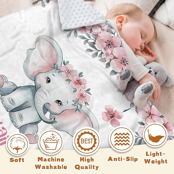 Personalized Baby Blankets for Girls Boys, Custom Elephant Baby Blanket with Name for Kids, Flannel Bed Throw Blanket for Newborn, Customized Baby Gifts for Baby Shower Nursery Blanket(60"x80)