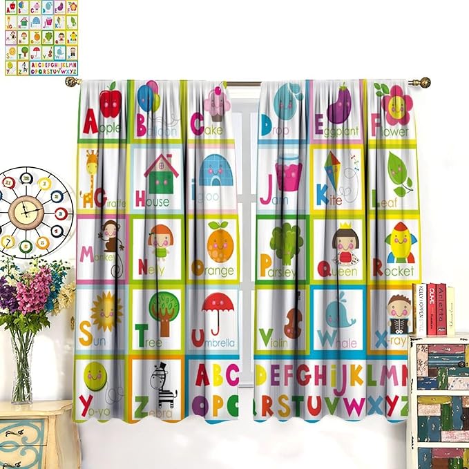 Kids Alphabet Curtains Cute Cartoon Education Learning Funny Teaching Words Curtain with Rod Pocket for Bedroom Nursery Home Decor Drapes Window Treatments 2 Panels Set 42" W X 63" L
