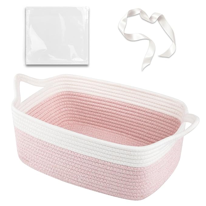 OIAHOMY Small Woven Rope Basket with Gift Bags and Ribbons, Gift Basket Empty for Baby Shower Birthday, Halloween, Christmas, Cute Cat Ear Handles for Shelf Living Room Bathroom, Grey & White