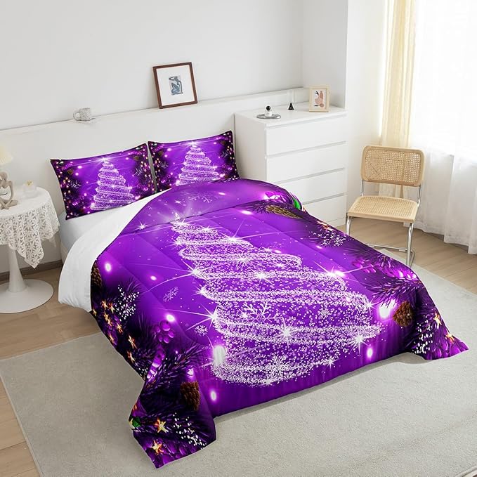 Feelyou Kids Merry Christmas Decorations Comforter Set, Kids Santa Tree Bedding Set Toddler Size for Boys Girls Teens Xmas Christmas Bell Decor Comforter Glitter Purple Quilt Set