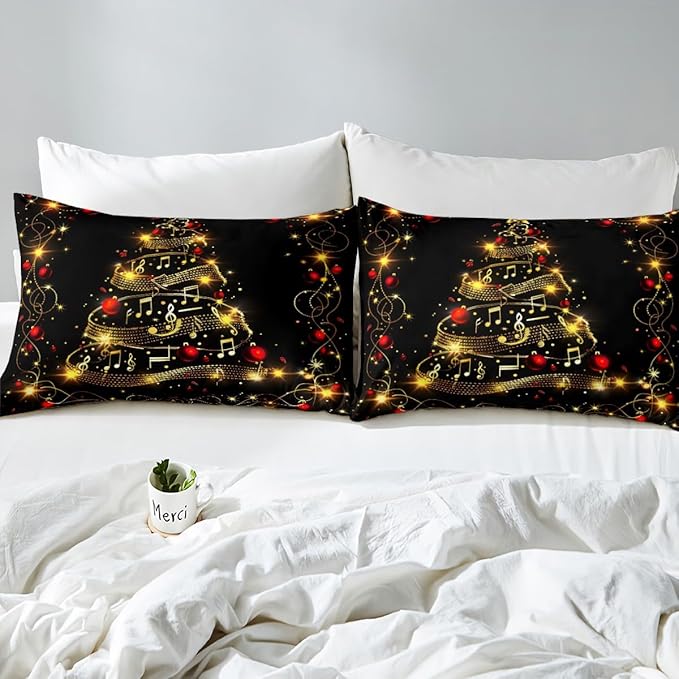 Christmas Tree Duvet Cover Set Queen Size, Gold Musical Note Print Bedding Set 3pcs for Kids Boys Girls Bedroom Decor, New Year Theme Xmas Holidays Comforter Cover with 2 Pillowcases,No Comforter
