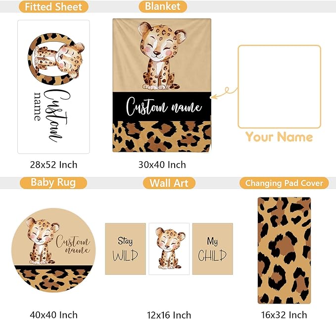 Personalized Toddler Bedding Set, 5 Pcs Custom Name Crib Bedding Set for Boys Girls, Brown Leopard Flannel Baby Bedding Set, Double Layer Baby Crib Set, Customized Gifts for Newborns Infants