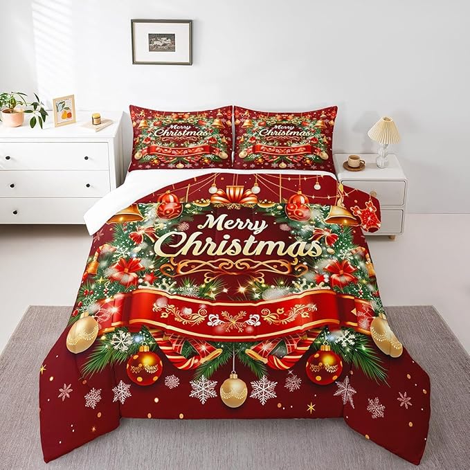 Merry Christmas Bedding Set - Full Size, Kids Boys Girls Room Decor - Christmas Wreath Snowflake Comforter Set, Red Xmas Ball Glitter Duvet Insert 3Pcs, Quilt Set, 2 Pillowcases