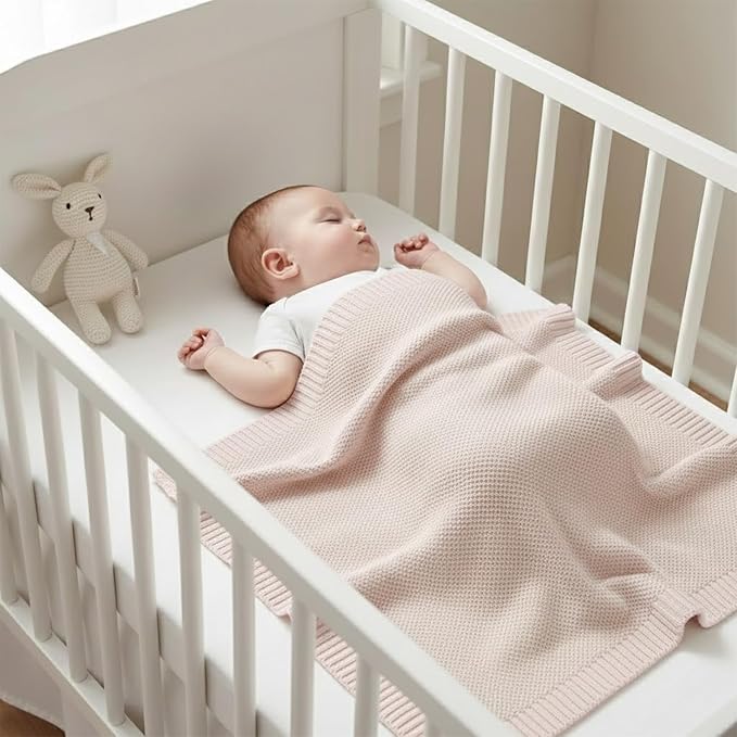Baby Knit Blanket Soft Cotton Lightweight Newborn Blanket for Crib Stroller Toddler Nursery Shower Gift Cozy Breathable Travel Swaddle Wrap Pink 36 x 28 Inches
