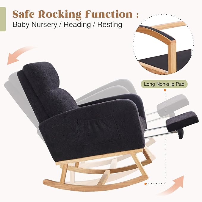 Rocking Chair Nursery, Nursing Rocking Chairs with Foot Rest for Mom Nursery, Rocker Glider Chair with High Backrest for Living Room, Bedroom, Black