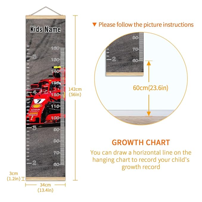 Personalized Kids Name Growth Chart Ruler for Wall Wood Frame Height Measure Chart 13.4x56 in Linen Hanging Height Growth Chart Race Car Kids Room Decor