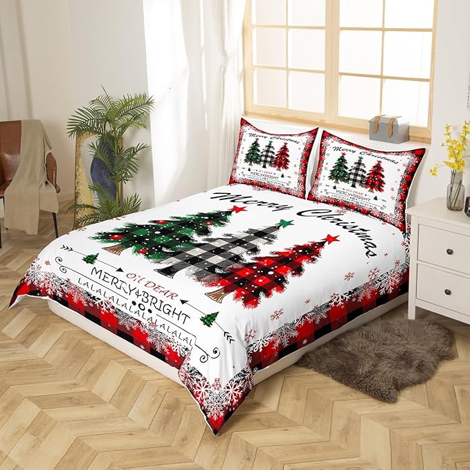 Manfei Xmas Tree Duvet Cover Set King Size, Merry Christmas Comforter Cover with 2 Pillowcases, New Year Theme Plaid Print Bedding Set 3pcs for Kids Boys Girls Bedroom Decor,No Comforter