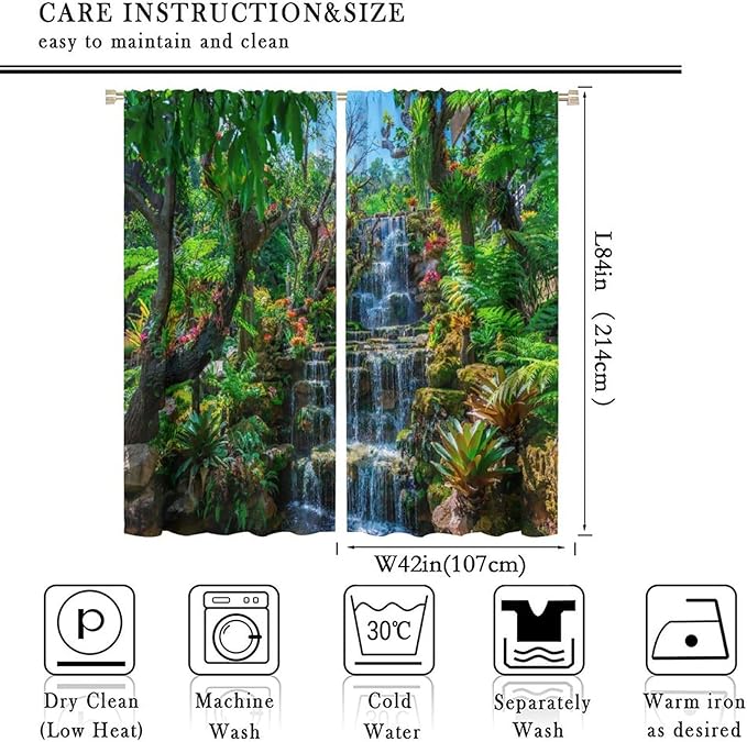 Waterfall Blackout Window Curtains, Spring Forest Nature Landscape Theme Pattern Print Window Drapes, for Living Room Bedroom 84x84in