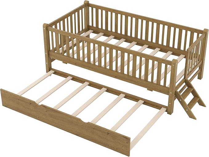 LUMISOL Twin Size Low Platform Bed Frame with Trundle, Wood Floor Bed with Ladder & Fence Guardrail for Kids Teens Girls Boys, No Box Spring Needed, Walnut