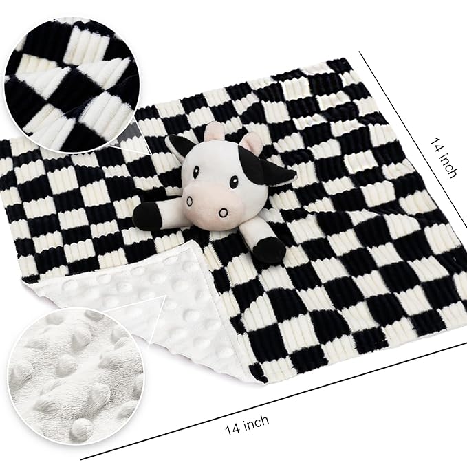 Cow High Contrast Baby Security Blanket for Babies, Soft 3D Checkerboard Lovey with Minky Dot Fabric Backing, Newborn Boys and Girls Snuggle Stuffed Animal Blankie 14 Inch