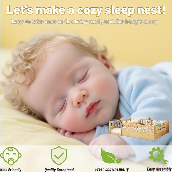 Montessori Floor Bed Full for Kids, Full Size Floor Bed with High Rails & Storage Shelf, Wood Baby Floor Beds with LED Light for Boys & Girls, Natural