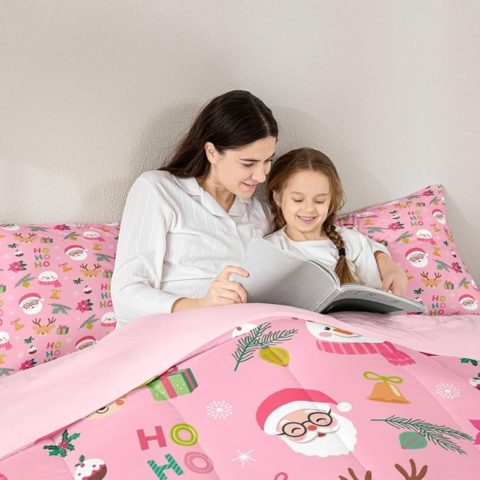 Feelyou Santa Claus Comforter Set Toddler Size Xmas Bedding Set for Kids Boys Girls Christmas Decor Duvet Quilt Happy New Year Bedroom Decor Microfiber 2 Pcs with 1 Pillow Cases