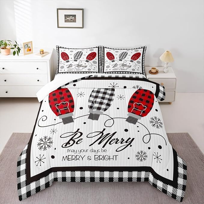 Merry Christmas Kids Comforter Set Queen Size,Geometric Grids Stylish Bedding,Girls Boys Adults Bedroom/Xmas Cabin Decor,Snowflake Bells Down Comforter,Rustic Farmhouse Duvet Insert,2 Pillowcases