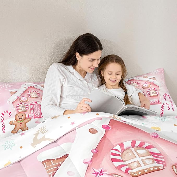 Feelyou Gingerbread Man Comforter Set Queen Size Gingerbread House Bedding Set for Kids Boys Girls Candy Canes Duvet Quilt Pink Christmas Scheme Bedroom Decor Snowflake 3 Pcs with 2 Pillow Cases