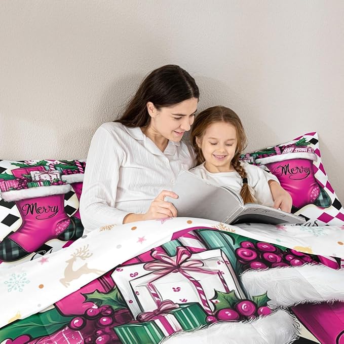 Feelyou Merry Christmas Comforter Set All Season Cartoon Shoes Bedding Set with 2 Pillow Cases Microfiber Kids King Bedclothes Winter Bedroom Decor Duvet Quilt Breathable Soft