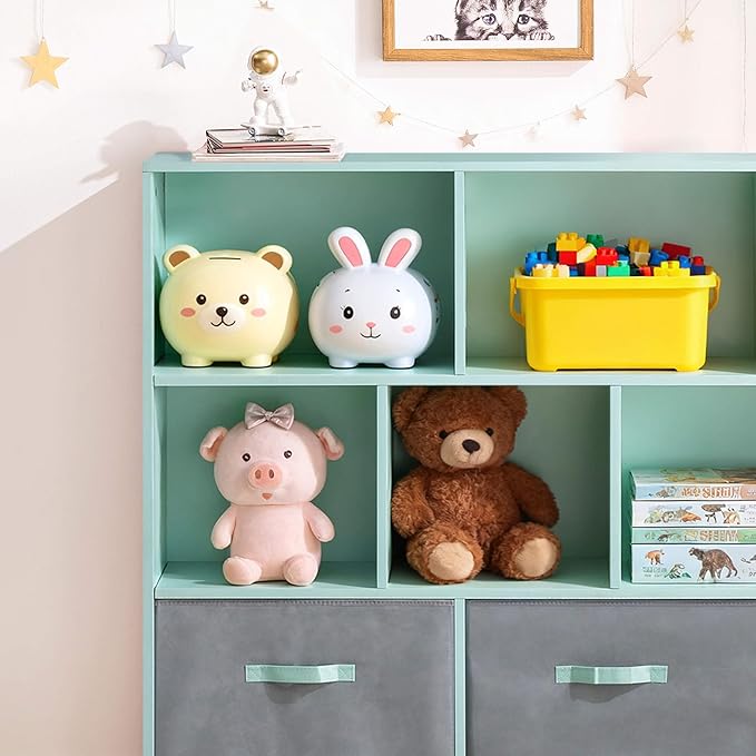 ivinta Toy Storage Organizer for Kids, 10-Cube Wooden Storage Cabinet with Collapsible Fabric Drawers for Children, 3-Tier Bookshelf for Playroom Nursery Bedroom Living Room (Green)