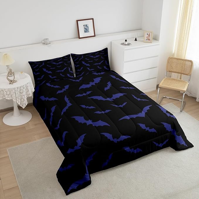 Erosebridal Bat Comforter Set King Size for Kids Boys Youth Halloween Decor Bedding Set Purple Bats Quilt Gothic Spooky Cartoon Down Comforter with 2 Pillow Cases,Black