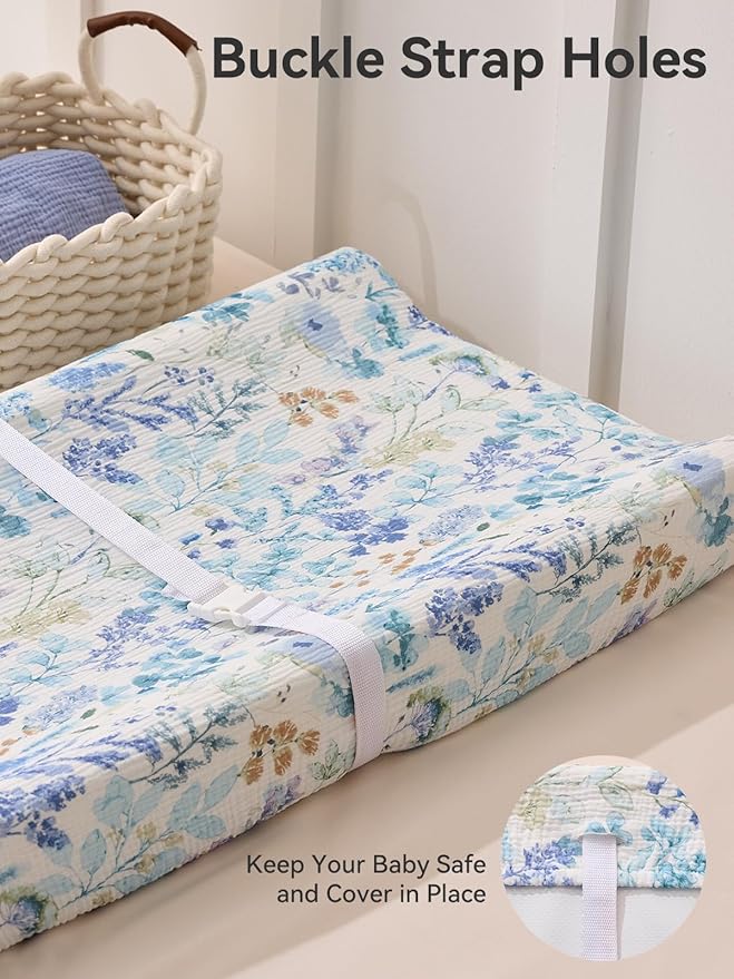 TILLYOU Muslin Changing Pad Cover for Baby Girls Boys, Soft and Breathable Cotton Diaper Changing Table Cover, 2 Pack(Blue Flower)