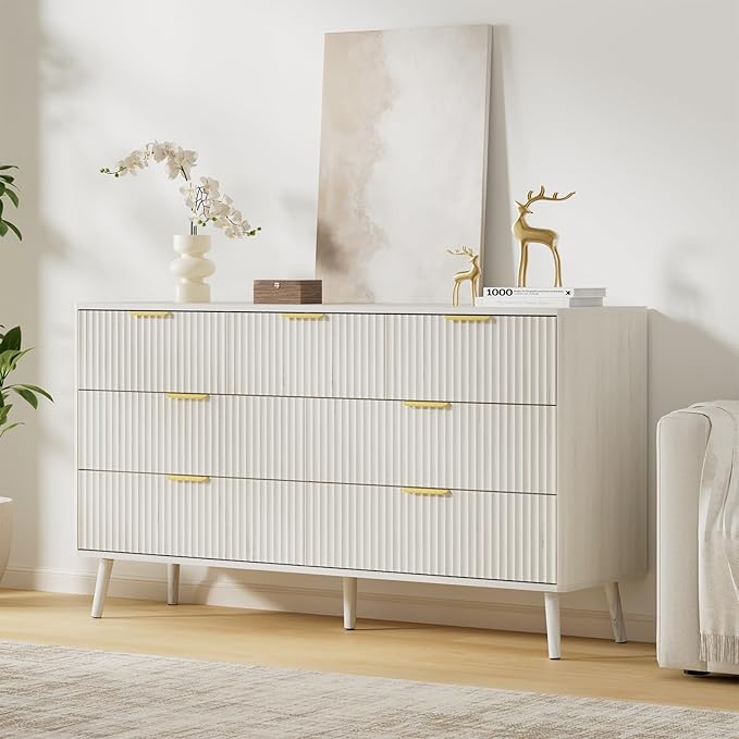 LYNSOM Fluted Dresser and Nightstand Sets 2 Piece, 2-Drawer Nightstands and 7-Drawers Dresser, Wood Bedroom Furniture Set for Home, Bedroom, Hallway, White