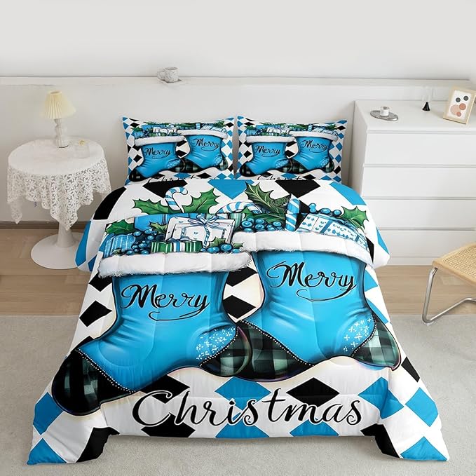 Feelyou Merry Christmas Kids Comforter Set Toddler Size Cartoon Shoes Bedding Set Duvet Quilt for Kids Boys Girls Bedroom Winter Decor Microfiber Ultra Soft Breathable