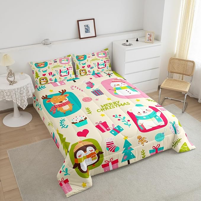 Erosebridal Merry Xmas Comforter Set Full Size Christmas Tree Quilt for Kids Boys Girls Cartoon Penguin Bear Bedding Set Cute Deer Elk Duvet Insert with 2 Pillow Cases