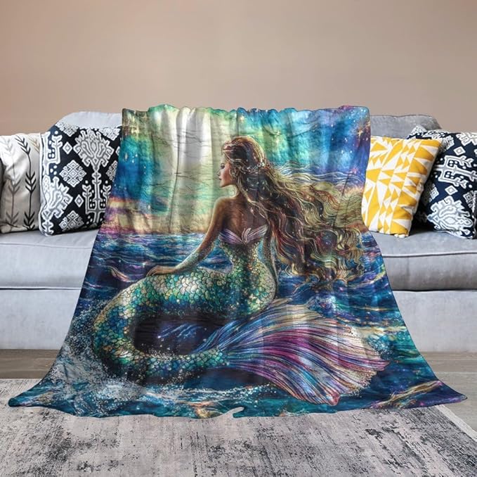 Mermaid Blanket Navy Mermaids Gifts for Girls Boys Woman Kids Ocean Mermaid Lover Coastal Throw Blankets Soft Blanket Warm Fleece Flannel Plush Blankets for Bed Sofa Couch 40"x50"