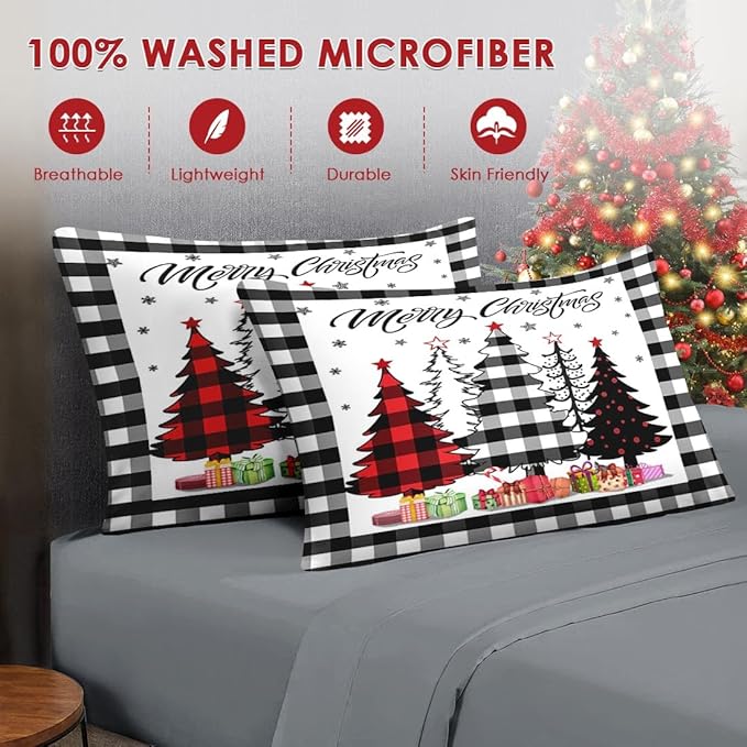 7 Pcs King Size Christmas Comforter Set with 2 Pillowcases & 2 Shams, Buffalo Check Plaid Tree Bedding for Kids and Adults, Winter Snowflake Bed in a Bag with Flat Fitted Sheet