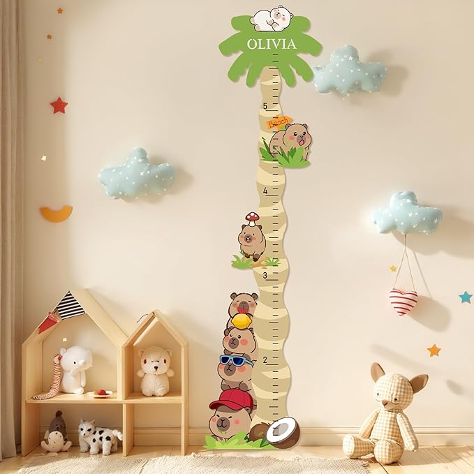 Personalized Name Growth Chart for Wall, Cute Capybara Wood Height Chart for Kids, Boy Girls Height Measurement Growth Measuring Ruler, Toddler Children Playroom Decor