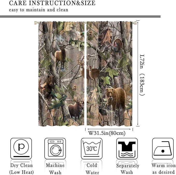Retro Forest Window Curtains, Camouflage Hunting Tree Camo Rustic Deer Elk Bird Bear Blackout Rod Pocket Windows Door Curtain for Bedroom Living Room Home Decor 63x72in
