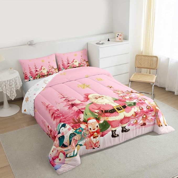 jejeloiu Merry Christmas Comforter Set Twin Size Santa Claus Bedding Set for Kids Boys Girls Cute Deer Duvet Quilt Pink Bedroom Decor