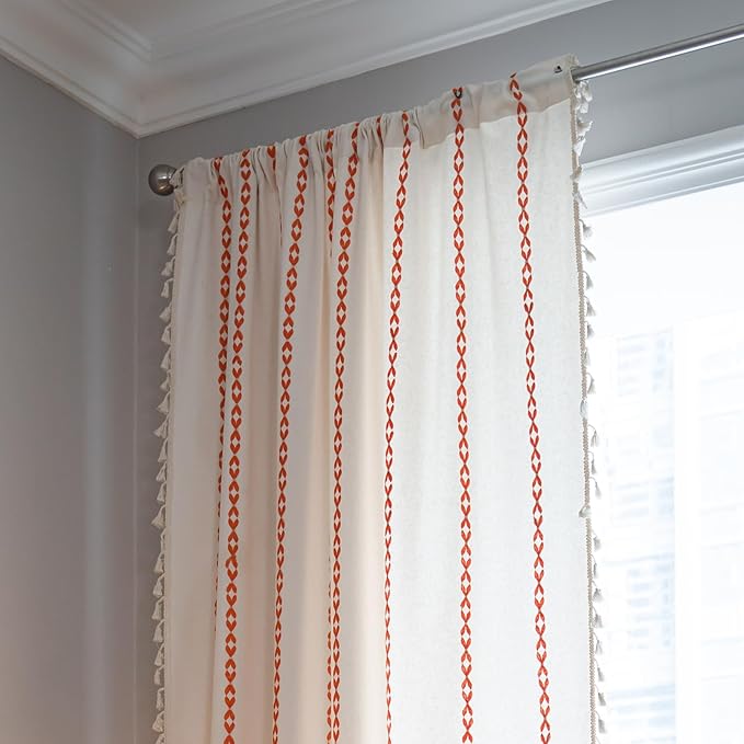 Deeprove Rust Orange Boho Curtains 96 inches Length for Living Room Bedroom Nursery, Bohemian 96" Long Embroidery Farmhouse Tassel Privacy Home Decor Accent for Fall Halloween, W52 x L96, 1 Panel
