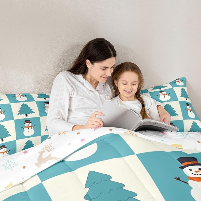 Feelyou Merry Christmas Comforter Set All Season Snowman Bedding Set with 1 Pillow Cases Xmas Tree Microfiber Kids Twin Bedclothes Bedroom Decor Duvet Quilt Breathable Soft Lightweight