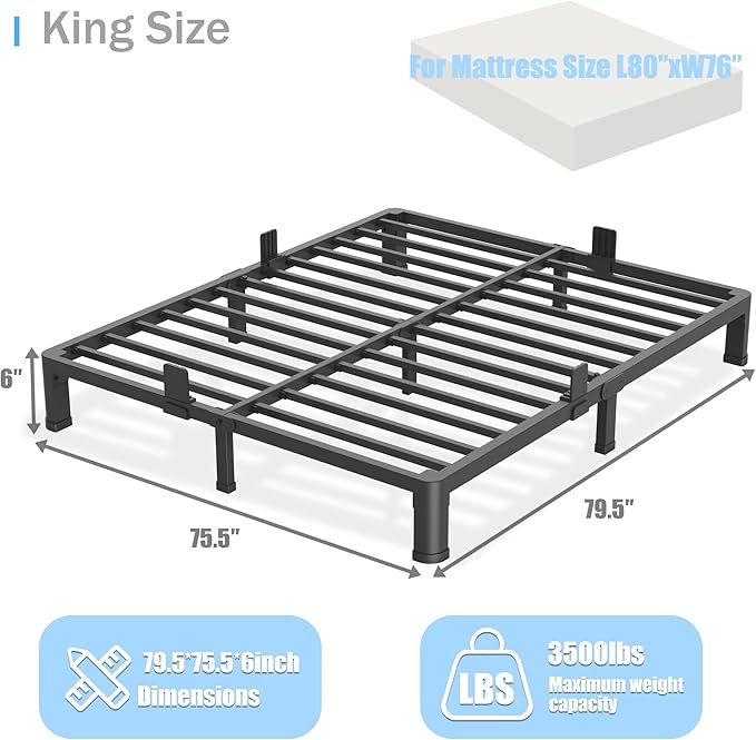 6 inch King Size Bed Frame with Round Corner Legs Mattress Slide Stopper,Low Profile Heavy Duty Metal Platform,Steel Slat Support,No Box Spring Needed,Easy Assembly,Noise Free