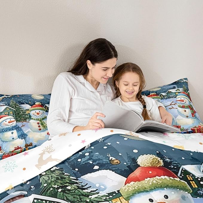 jejeloiu Kids Snowman Comforter Set Full Size Countryside Christmas Theme Bedding Set for Boys Girls Teens Xmas Tree Snowflake Winter Happy New Year Duvet Quilt Room Decor