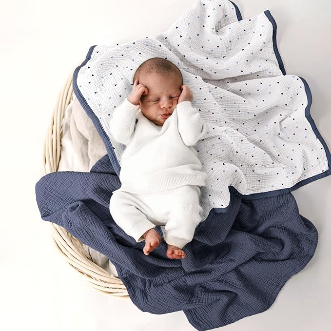 lulumoon Baby Blanket for Newborns: Muslin Swaddle for Receiving Neutral - Crib Quilt for Travel Boy & Girls 30"x40"(Blue)
